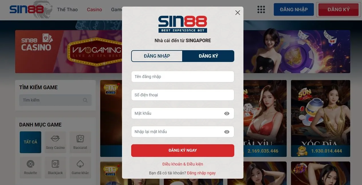 Hướng dẫn đăng ký tài khoản SIN88